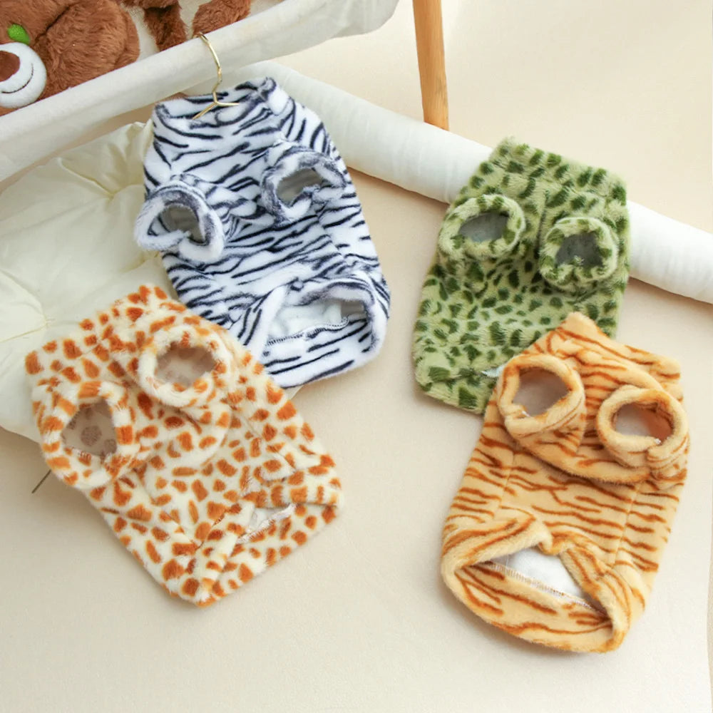 Pet autumn and winter warm hoodie with leopard print and plush dog clothing