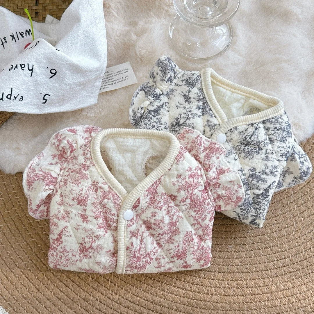 Pet Autumn and Winter Flying Sleeve Gauze Dog Parkas Home Clothing Small Dog Autumn and Winter Clothing Warm Floral Vest