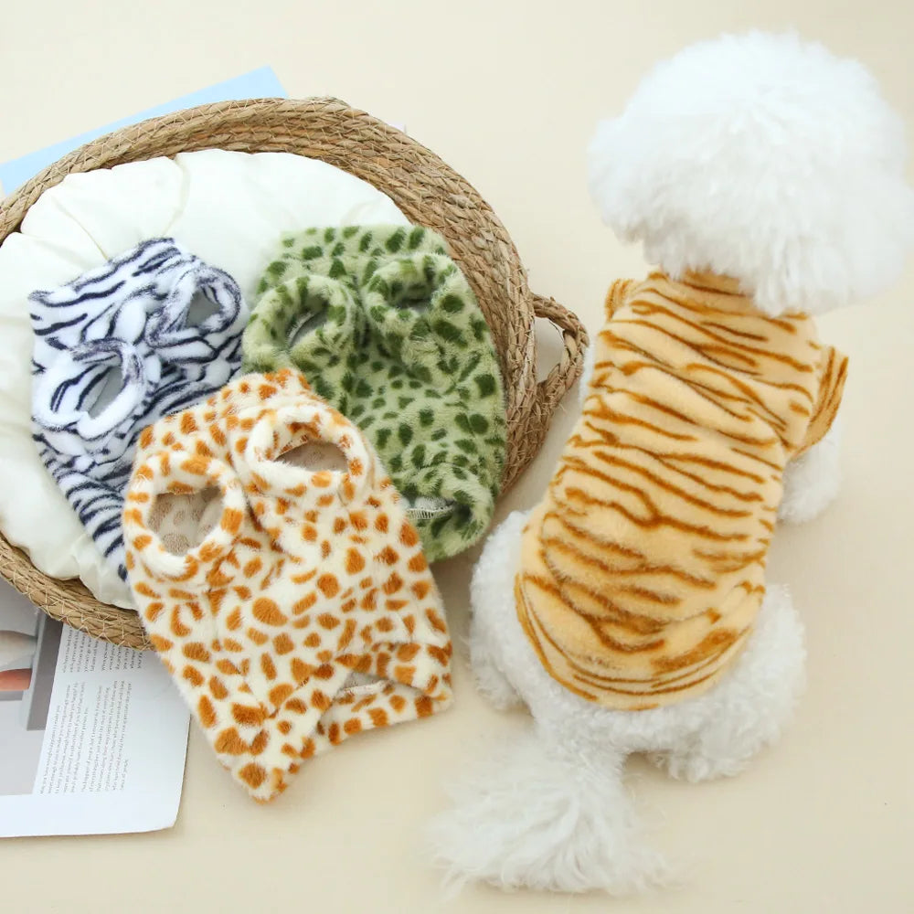 Pet autumn and winter warm hoodie with leopard print and plush dog clothing