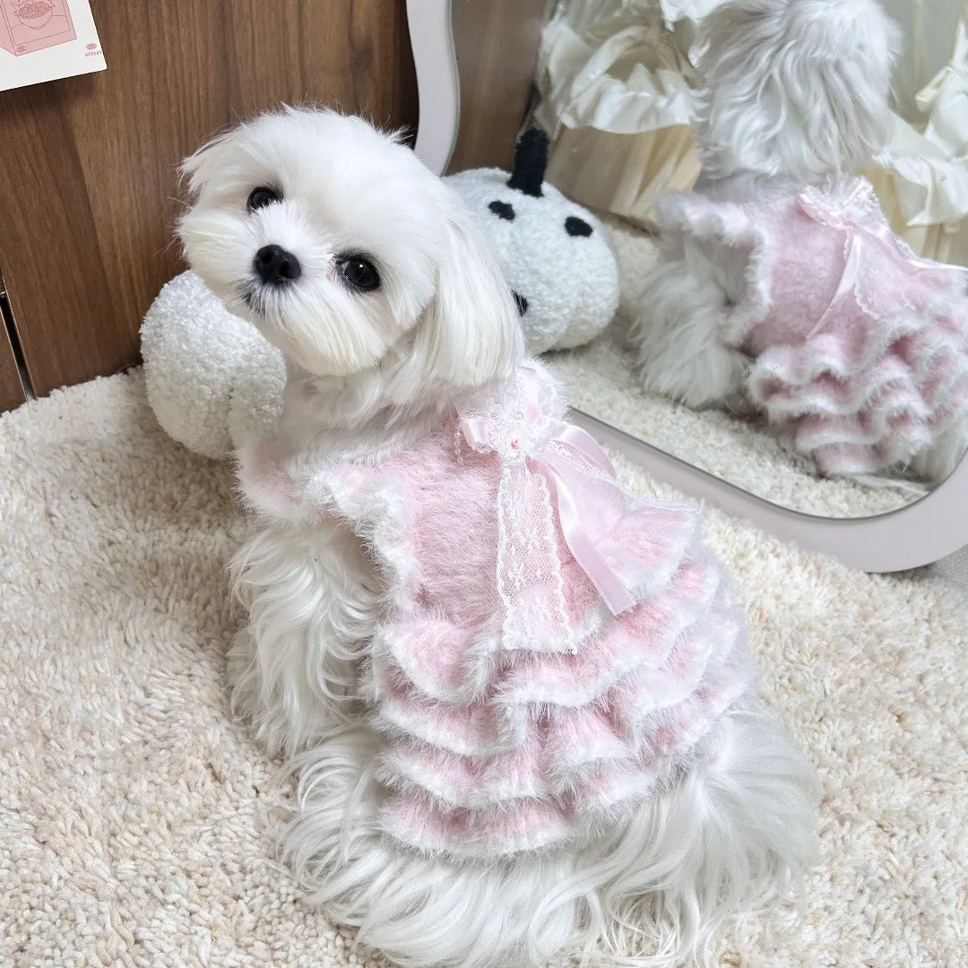 Pet Autumn/Winter Knitted Dress Cat Puff Skirt Yorkshire Plush Skirt Sweater Dog Clothes for Small Dogs Puppy Clothes