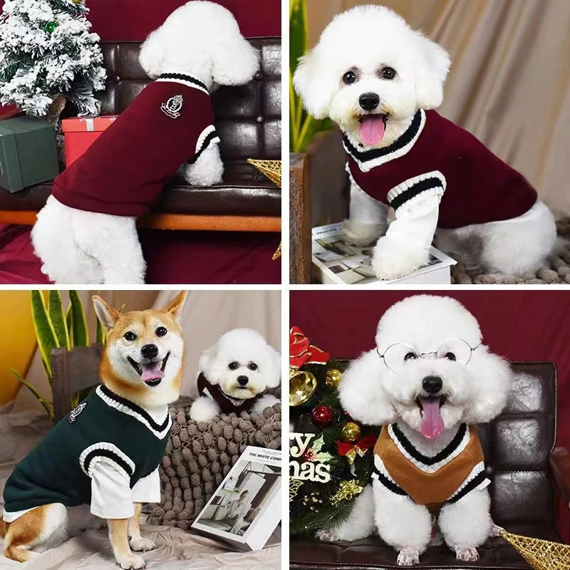 Autumn and winter knitted vest V-neck college style pet clothes vest Teddy Winter Warm Pet Sweater College Style Puppy Knitwear